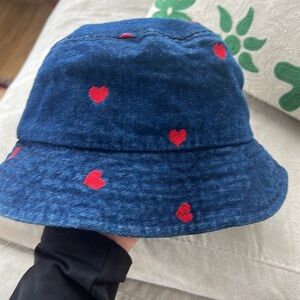 Adorable Denim Bucket Hat with Red Embroidery Hearts